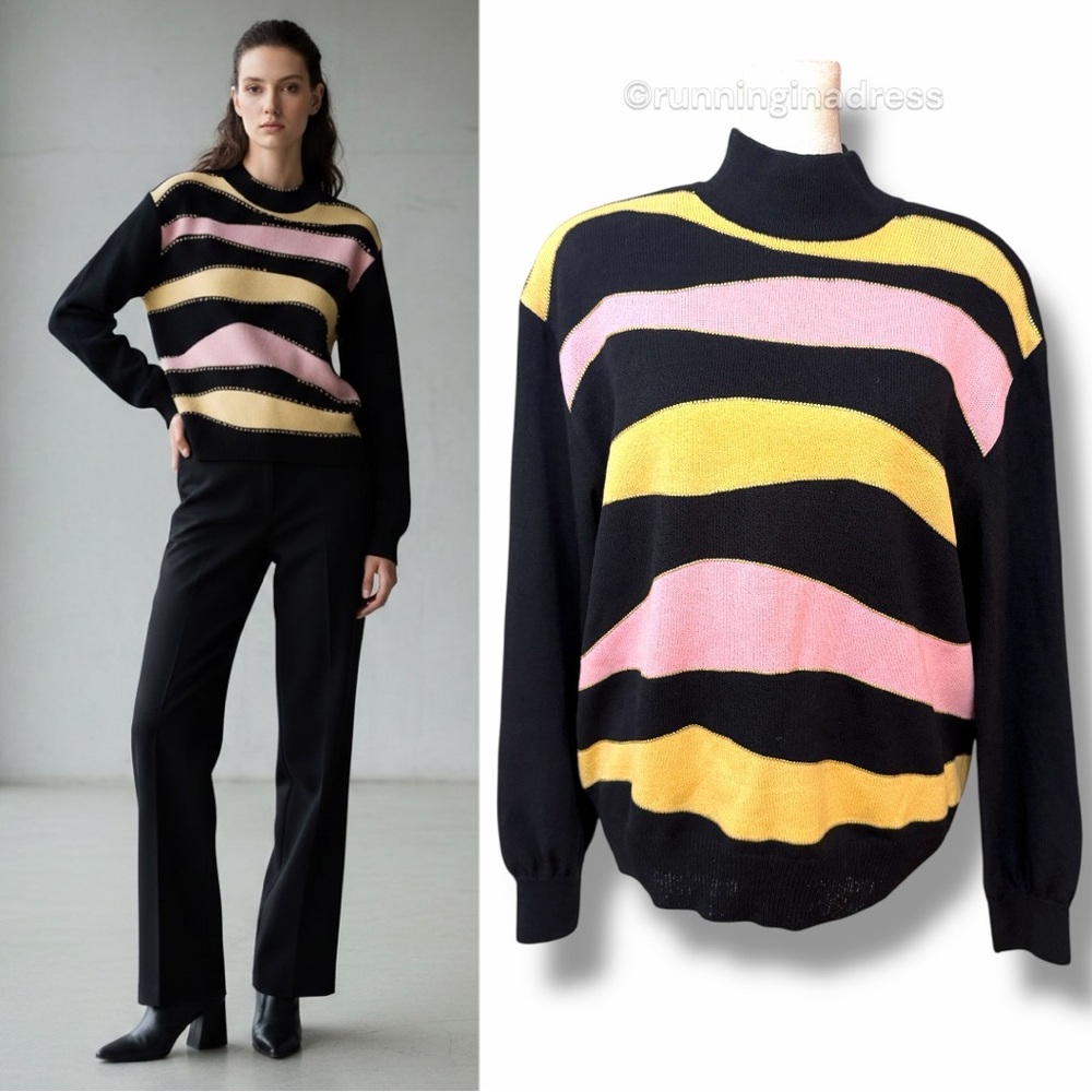 St. John Collection Marie Gray Vintage Santana Knit Mock Neck Sweater 90s Black